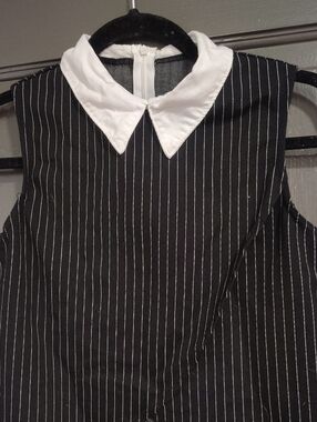 Black Pinstripe Dress with White Pointed Collar